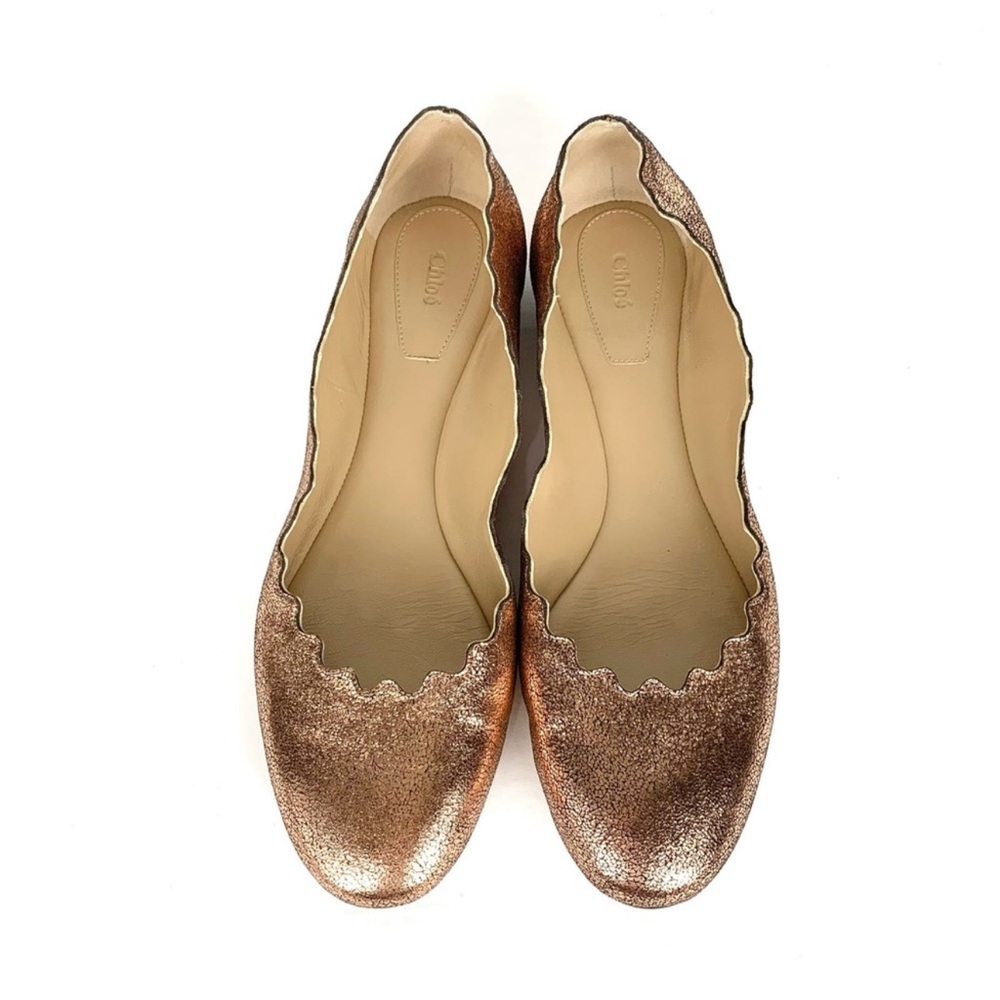 Chloe Womens Lauren Scalloped Metallic Leather Ballerina Flats Pink Gold 38